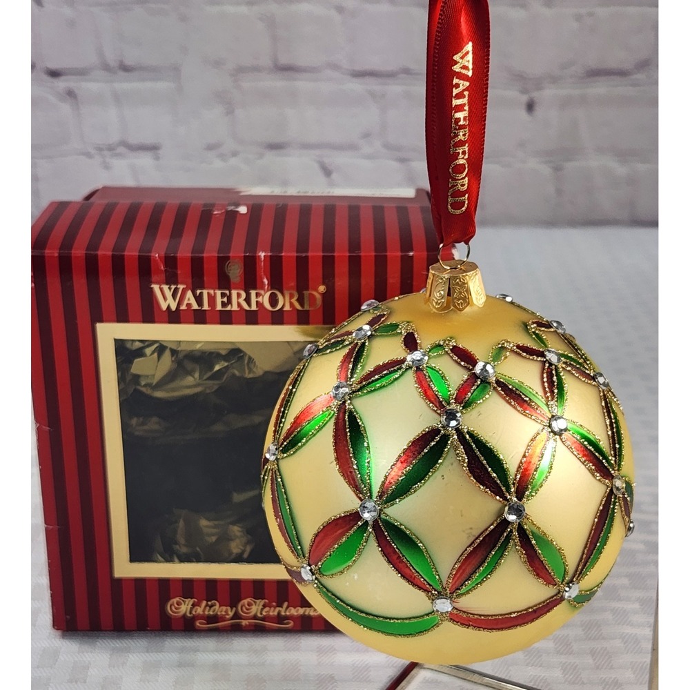 Waterford Holiday Heirlooms Glass Ball Ornament Gold Red Green Rhinestone 153744